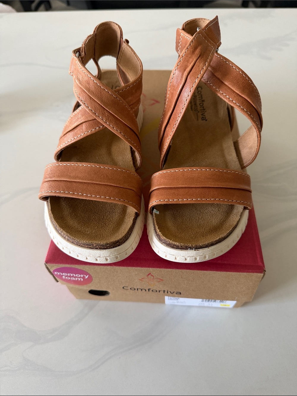 Comfortiva Tan Cross-Strap Memory Foam Sandals